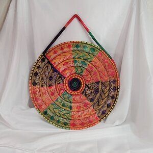Ethiopian Flat Wall Basket Traditional Hand Woven Straw Dyed Basket Africa